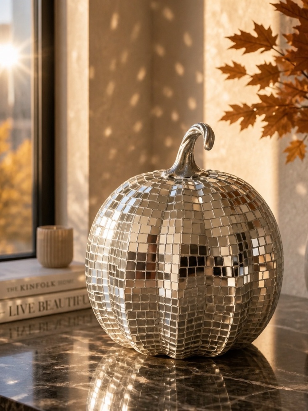 Home Holiday Large Silver Mirrored Pumpkin Décor